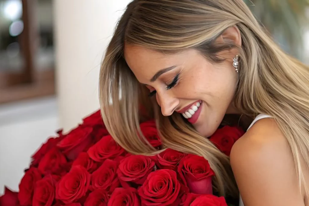 Femme heureuse, bouquet de fleurs en chambre romantique