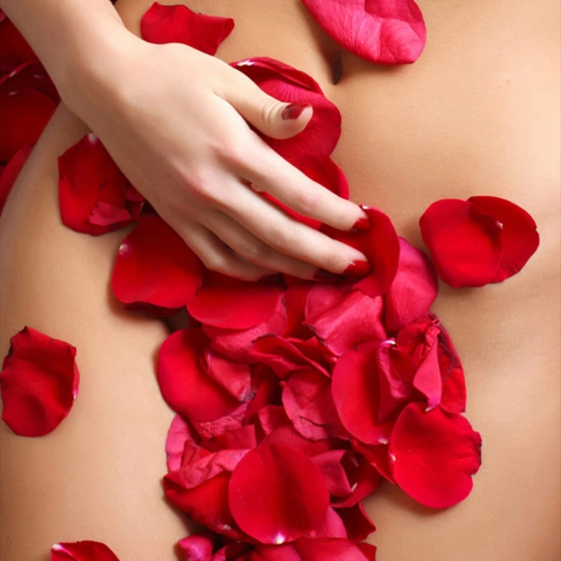 Pétales de roses couvrant le ventre nu d'une femme